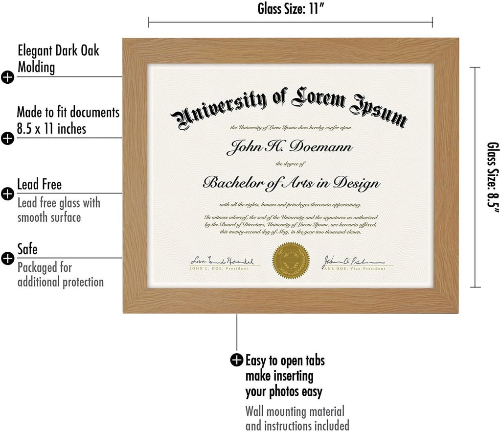8.5x11 Diploma Frame with Shatter-Resistant Glass - Document Frames with Engineered Wood - Legacy Collection