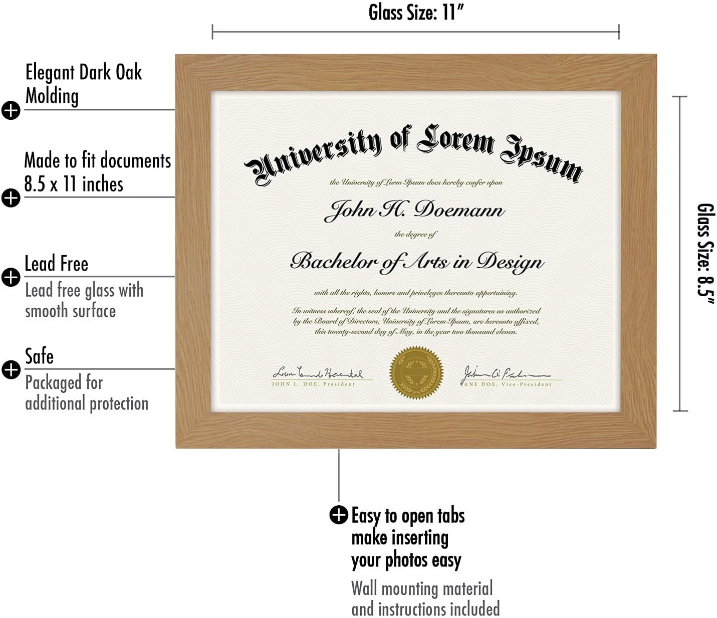 8.5x11 Diploma Frame with Shatter-Resistant Glass - Document Frames with Engineered Wood - Legacy Collection
