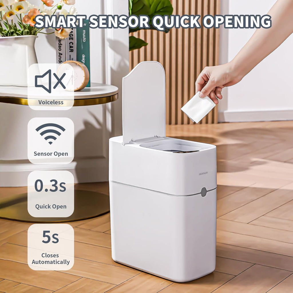 Bathroom Trash Can, Automatic Bagging Garbage Can, 3.5 Gallon Slim Smart Small Plastic Trash Bin, Narrow Motion