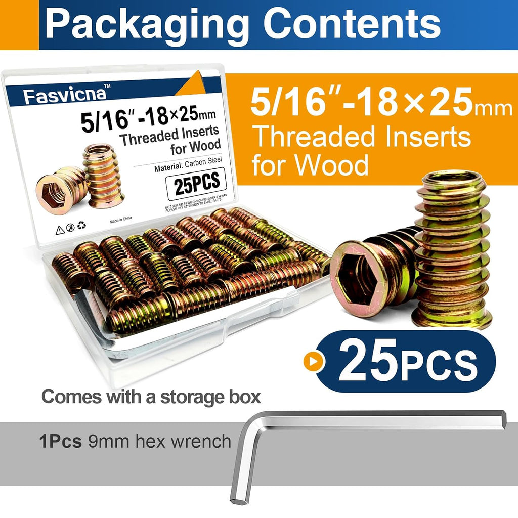 25PCS 5/16"-18 x 25mm Threaded Inserts for Wood, Hex Drive Nuts