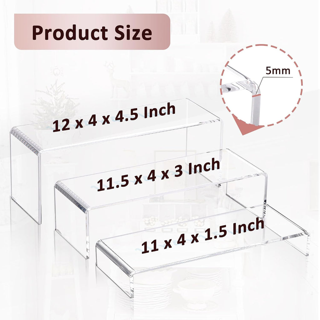 1 Set Large Acrylic Clear Display Risers, 3 Sizes 12" Rectangular Showcase Collectibles Display Shelf, 5 mm Thick