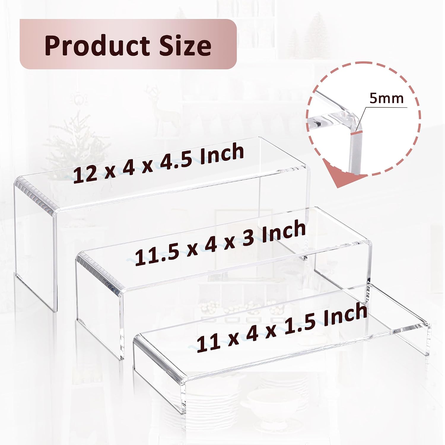 1 Set Large Acrylic Clear Display Risers, 3 Sizes 12" Rectangular Showcase Collectibles Display Shelf, 5 mm Thick