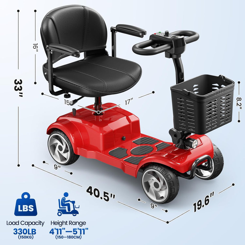 20 Miles 4 Wheel Mobility Scooters for Seniors and Adults, 6.2 MPH, Red