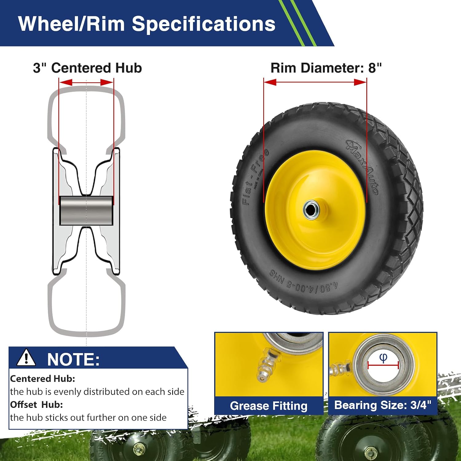 4.80 4.00-8 Wheelbarrow Tires 4.80/4.00-8 Flat-Free Tire and Wheel 16 Inch Solid Tires w/Grease Fitting, 3" Centered