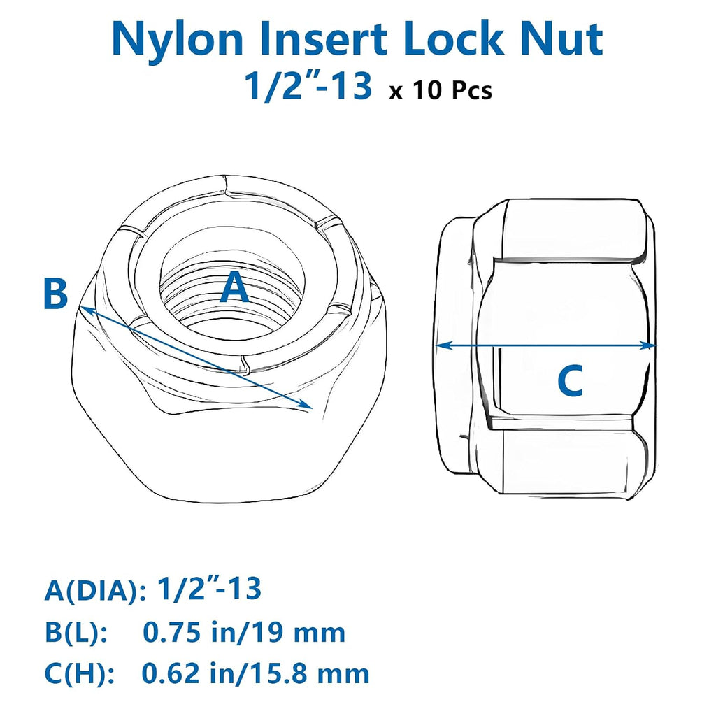 1/2-13 Nylon Insert Lock Nuts 316 Stainless Steel Coarse Thread (10 Pack)