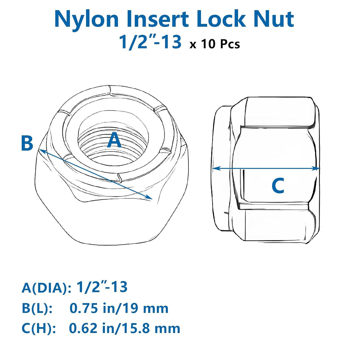 1/2-13 Nylon Insert Lock Nuts 316 Stainless Steel Coarse Thread (10 Pack)