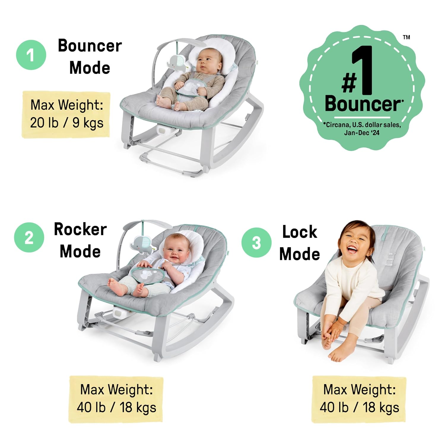 Keep Cozy 3-in-1 Grow with Me Vibrating Baby Bouncer, Seat & Infant to Toddler Rocker, Vibrations & -Toy Bar, 0-30