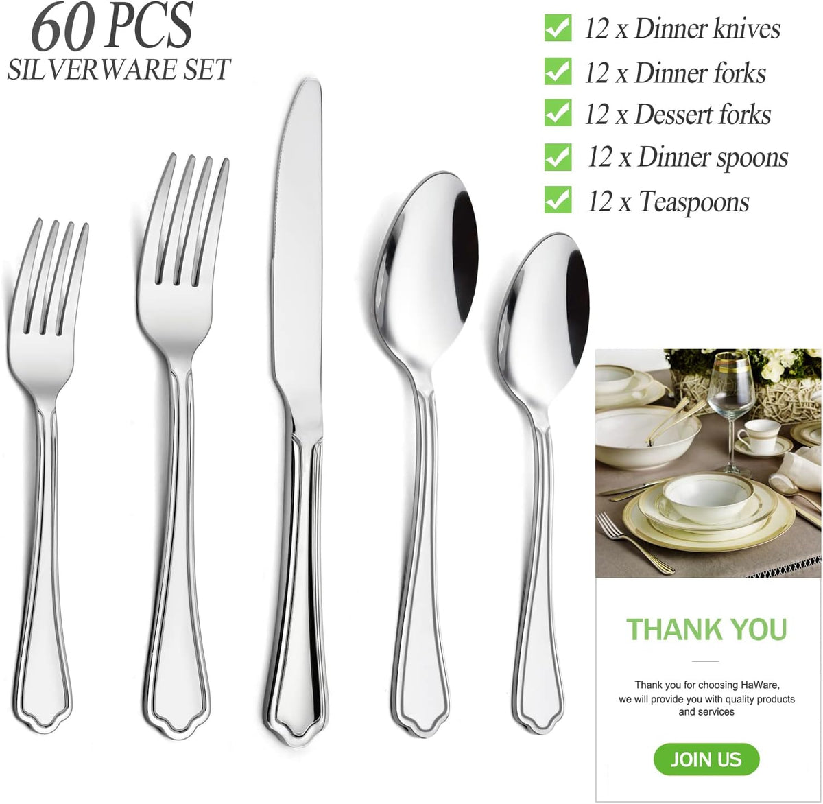 60-Piece Silverware Set for 12, Stainless Steel Flatware, Heavy Duty
