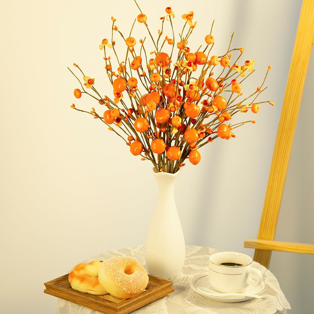 8-Pack Artificial Fall Picks 17" Tall with Mini Pumpkins and Berry | Flexible Fall Stems with Harvest Berries