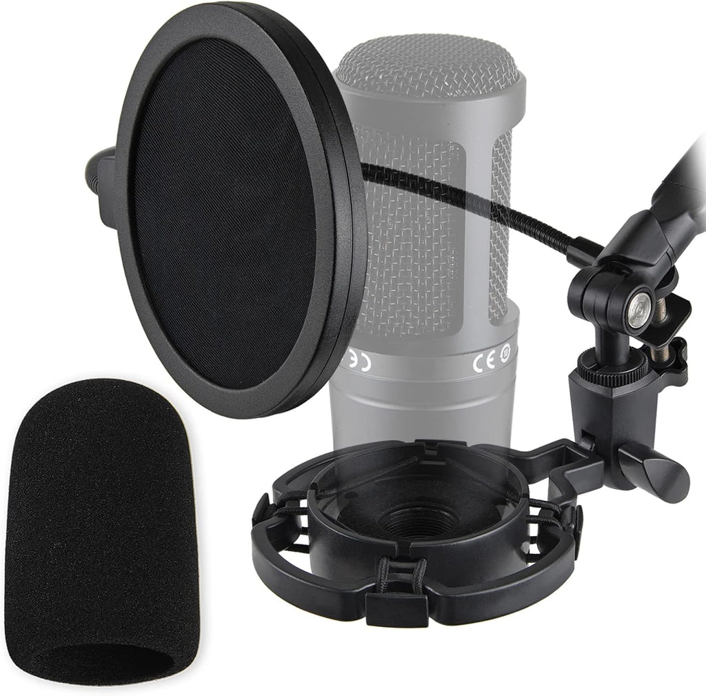 AT2020 Shock Mount with Pop Filter and Foam Windscreen, Noise Reduction Microphone Shock Mount Mic Holder for Audio