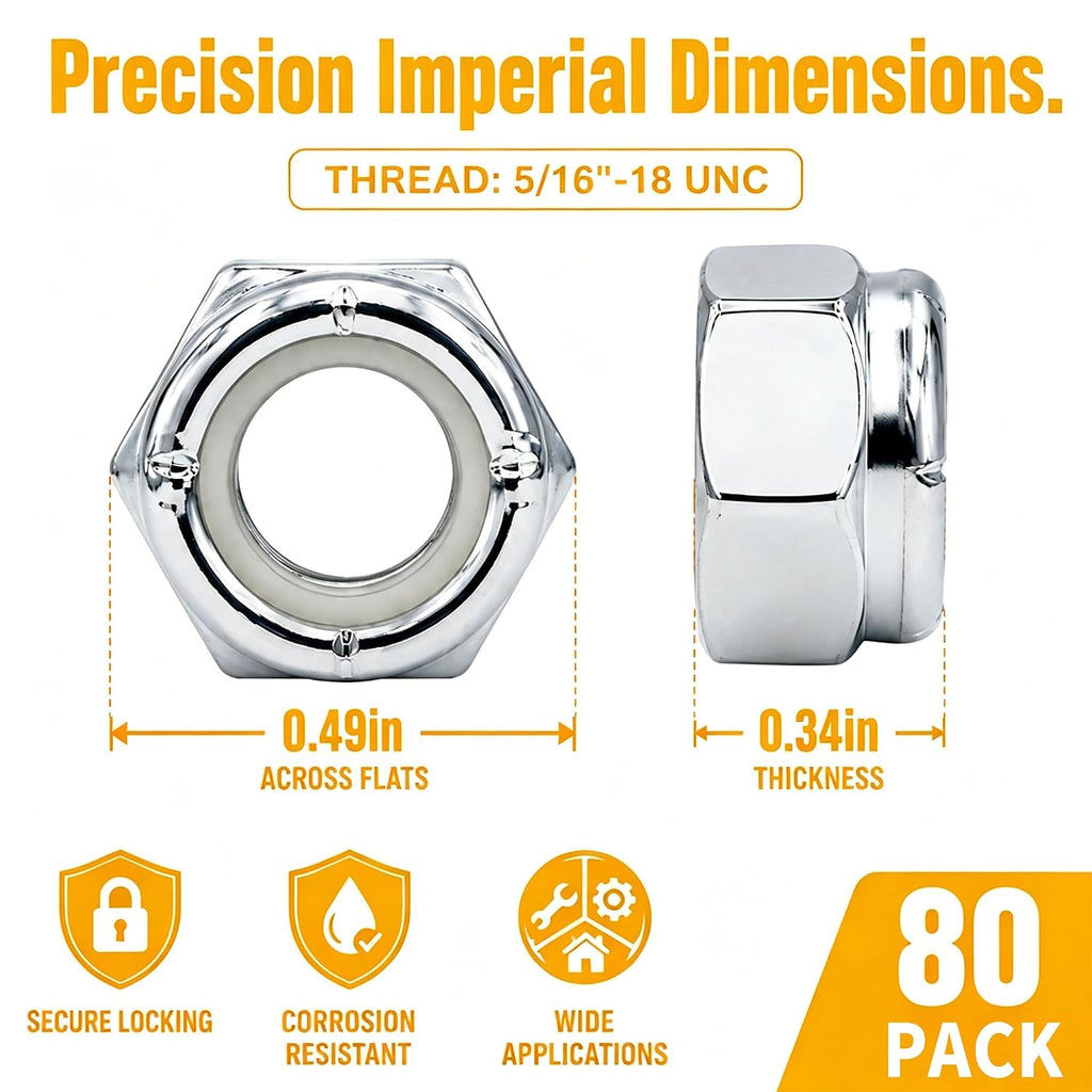 5/16"-18 Lock Nuts, Galvanized Carbon Steel Nylon Insert Locknuts,Standard Inch Thread Nylock Nuts 80 Pack