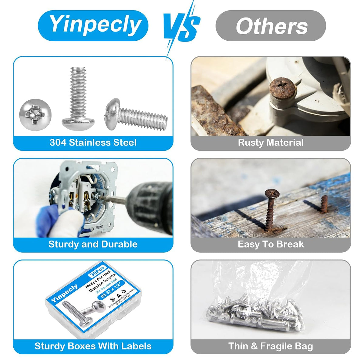 25 Pcs #10-24 x 1 Pan Head Machine Screws 304 Stainless Steel
