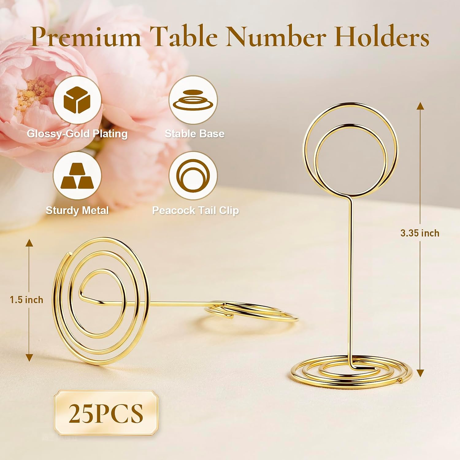 25-Pack Table Number Holders - Place Card Holders | Upgraded 1.58" x 3.35" Glossy Gold Card & Picture Holder with