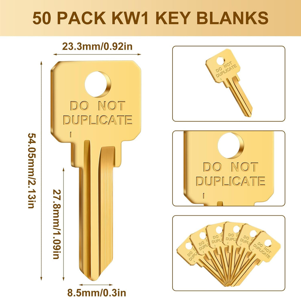 Pack of 50 Brass Key Blanks Uncut Blank Keys, Gold, Kw1 | Copper Do Not Duplicate Keys, Dnd House Key Blanks, for
