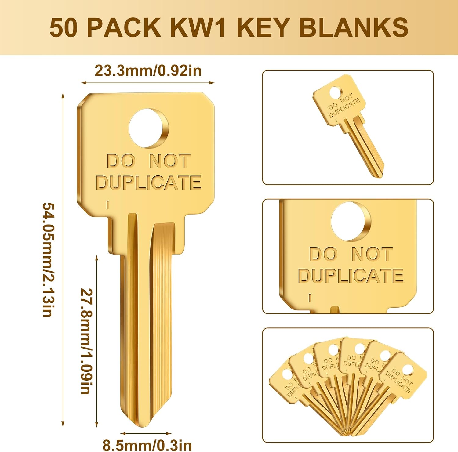 Pack of 50 Brass Key Blanks Uncut Blank Keys, Gold, Kw1 | Copper Do Not Duplicate Keys, Dnd House Key Blanks, for