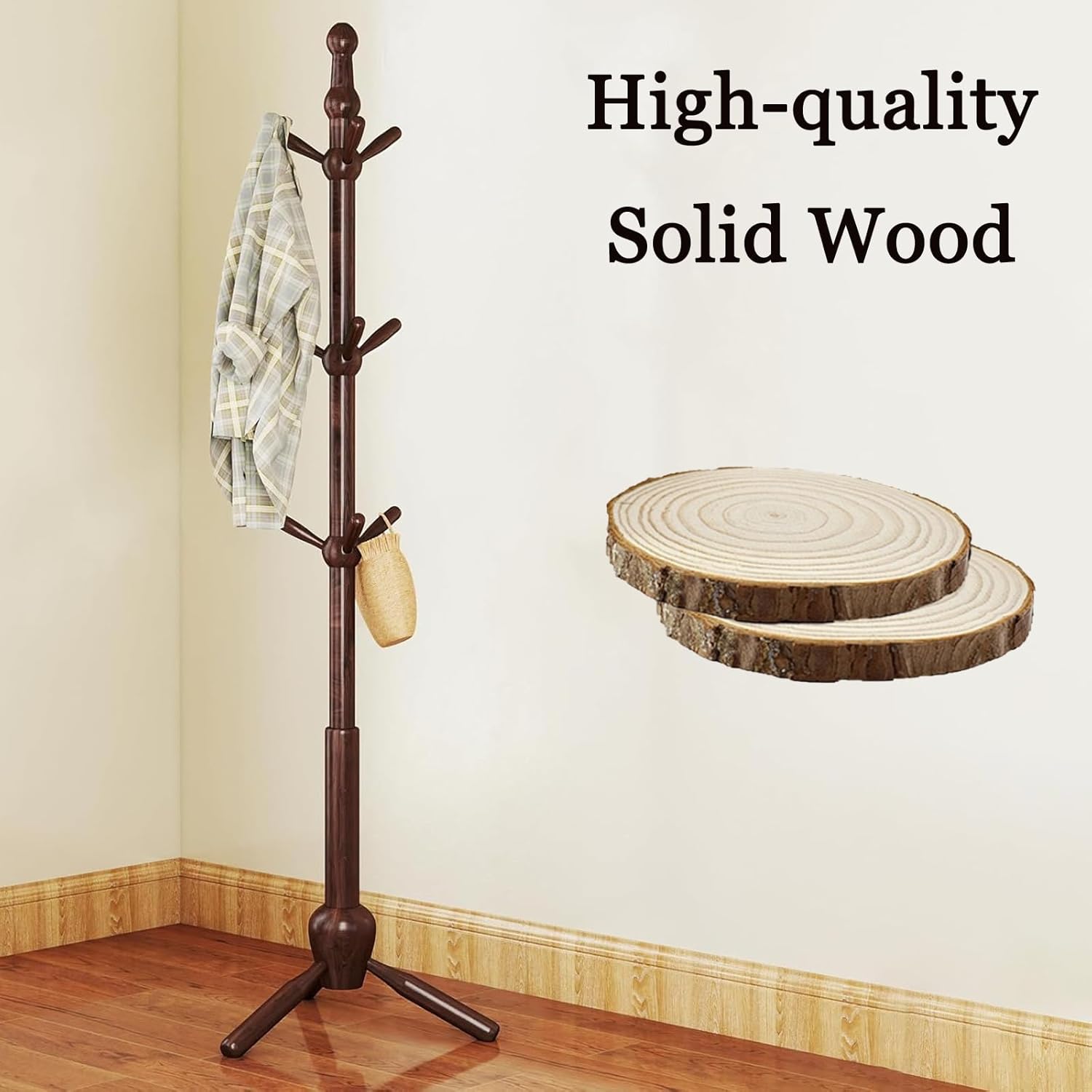 Solid Wood Coat Rack Stand, Vintage Heavy Duty Coat Hanger Stand with 9 Hooks, 3 Adjustable Size Sturdy Coat Tree for