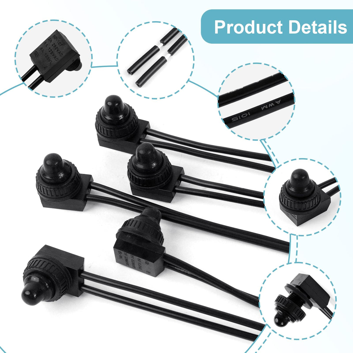 5 Pcs Waterproof Push Button Switch 12V SPST Switch with 4.5'' Lines KP-107
