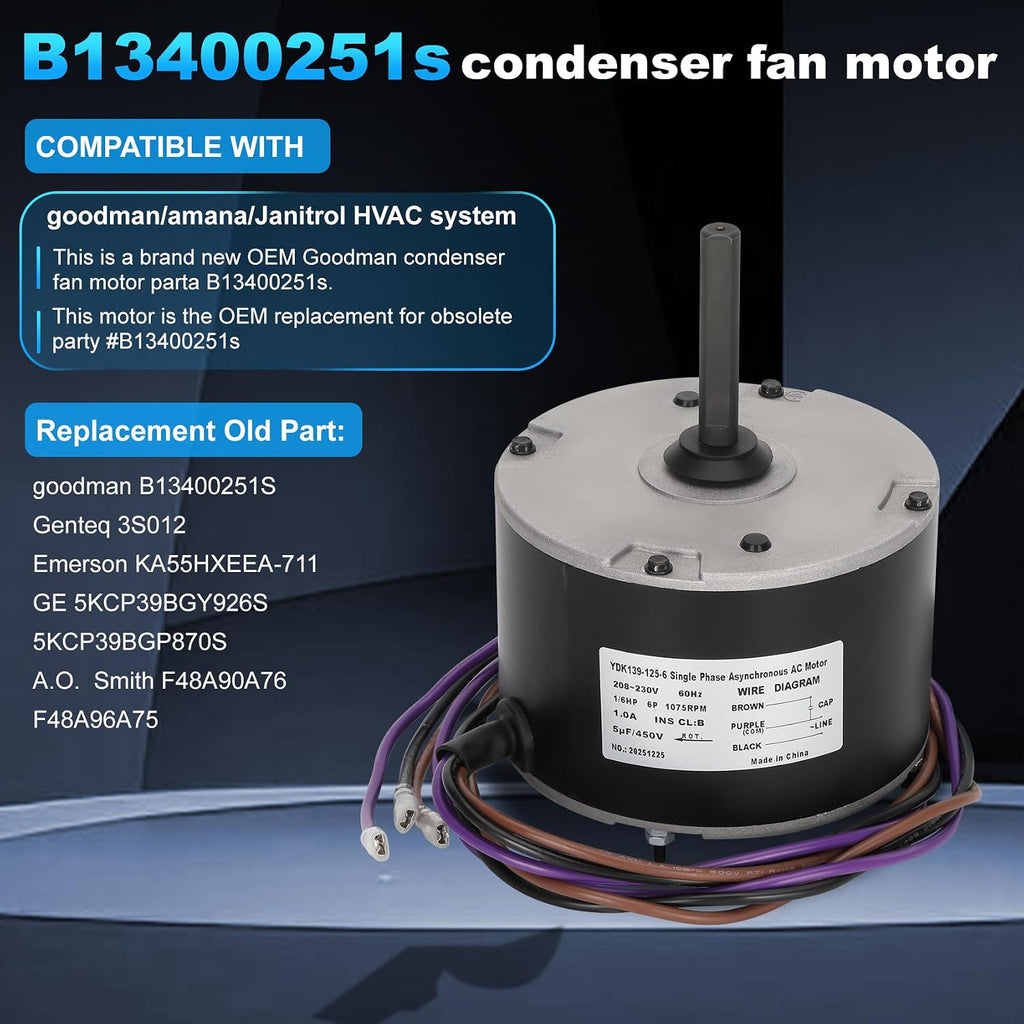 B13400251,1/6 HP Condenser Fan Motor Replaces Goodman B13400251
