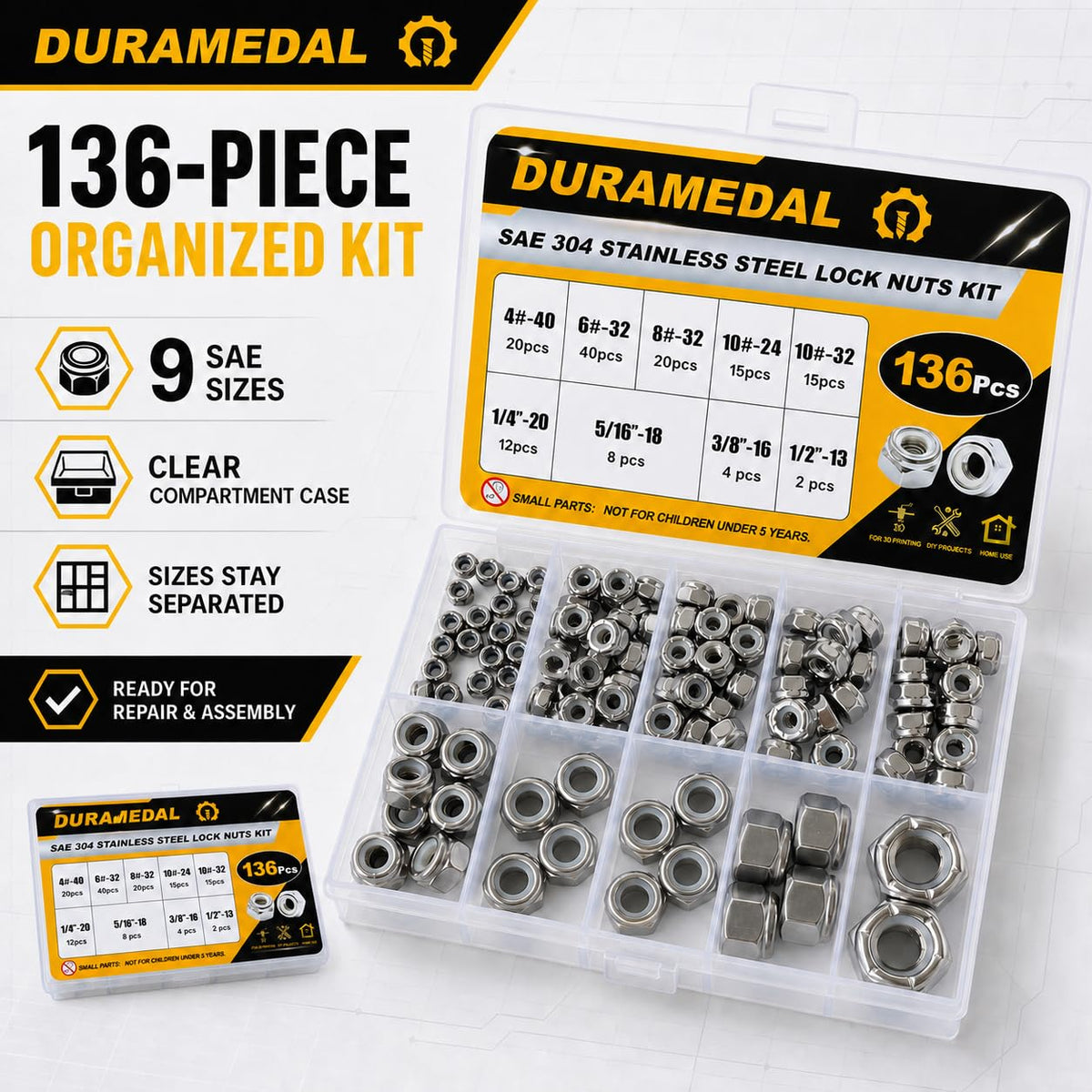 SAE Lock Nut Assortment Kit,136Pcs Stainless #4-1/2 Nylock Nuts