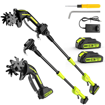 2-in-1 Cordless Tiller Cultivator, 235RPM Powered Tiller with 3.5ft Extension Pole, 2×2.0Ah Rechargeable Batteries