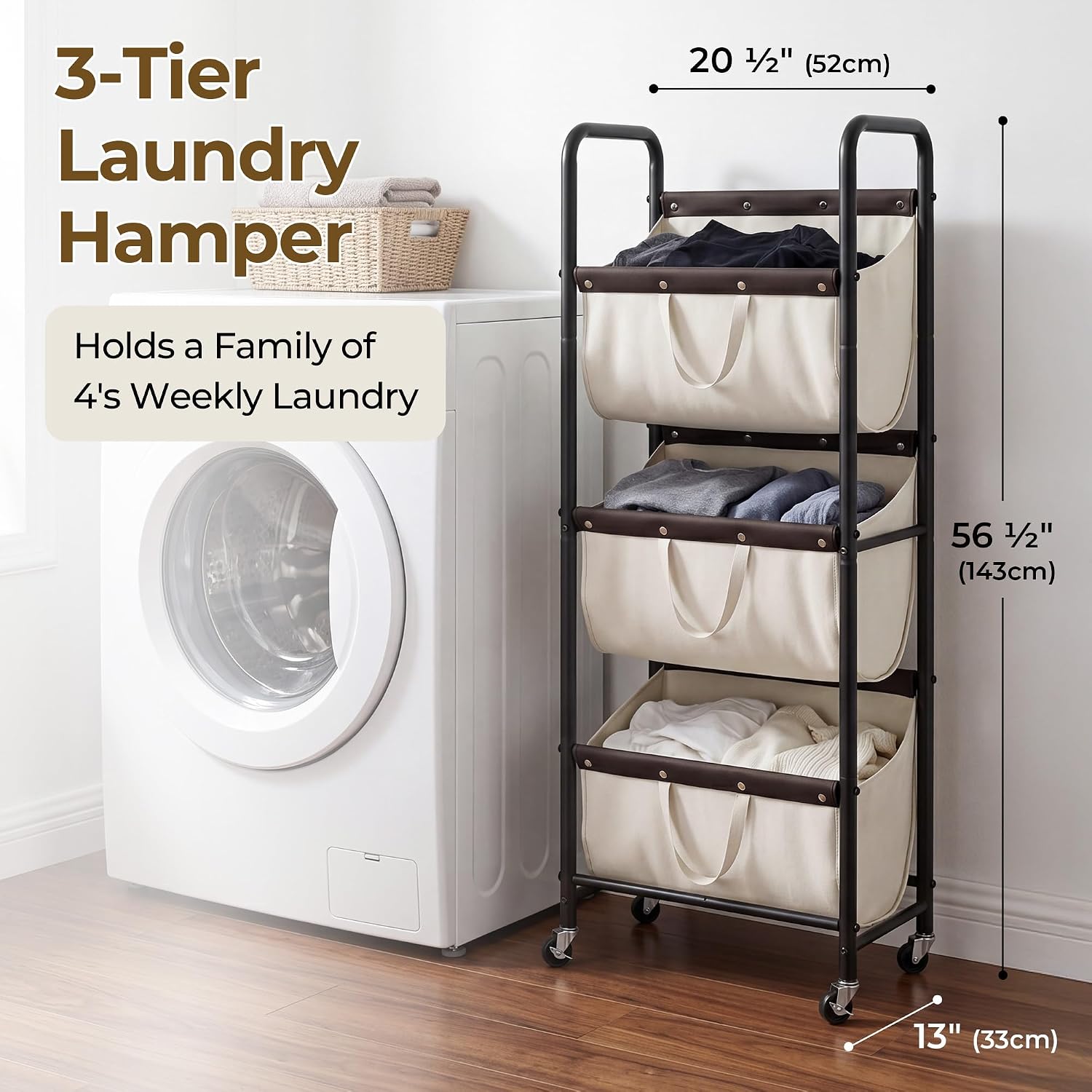3 Tiered Laundry Sorter, Narrow Hamper Cart with Wheels | Sturdy 3 Section Laundry Basket with Wheels, Vertical Beige