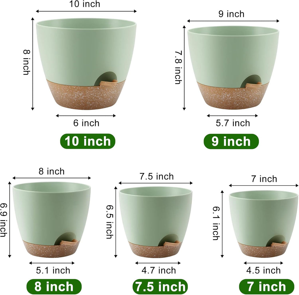 Plant Pots 10/9/8/7.5/7 Inch Self Watering Pots, Set of 5 Plastic Planters with Drainage Holes and Saucers,Plastic