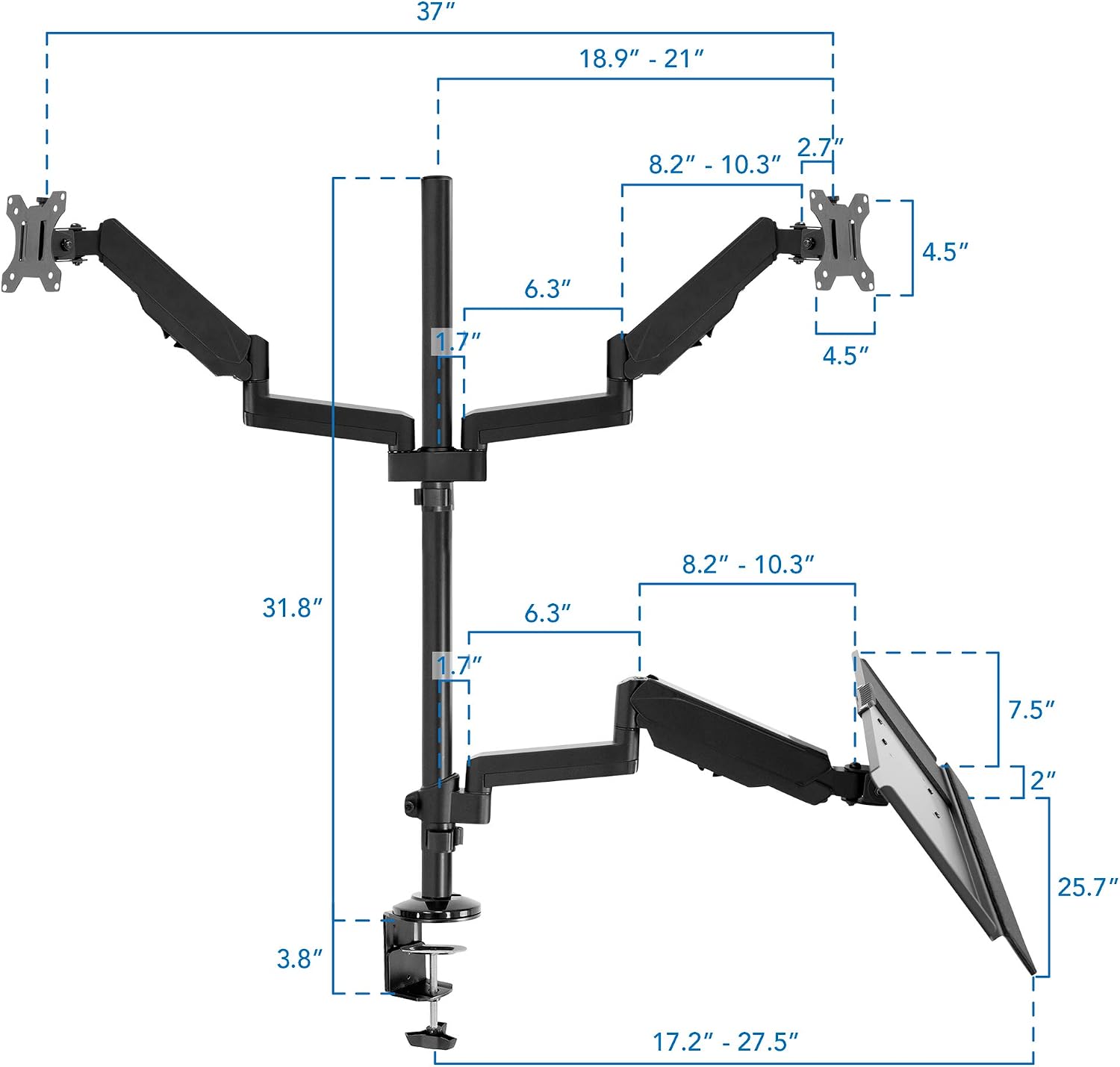 Dual Monitor Arm Desk Mount Sit-Stand Workstation with Keyboard Tray, Height Adjustable Gas Spring, Fits Two 17–32”