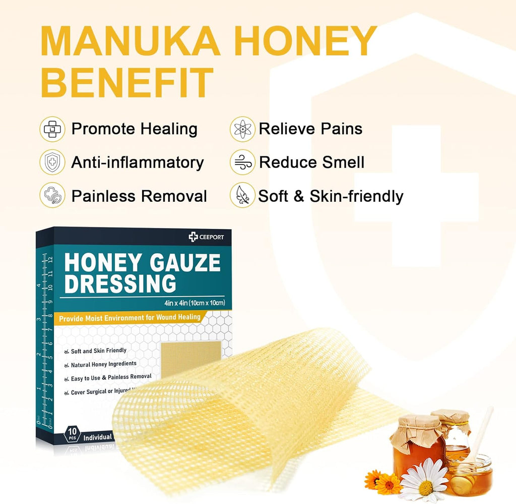 Honey Gauze Wound Dressing, 4" x 4" Manuka Honey Wound Care, Medical Grade Honey Bandages for Wound Care, Honey Patch