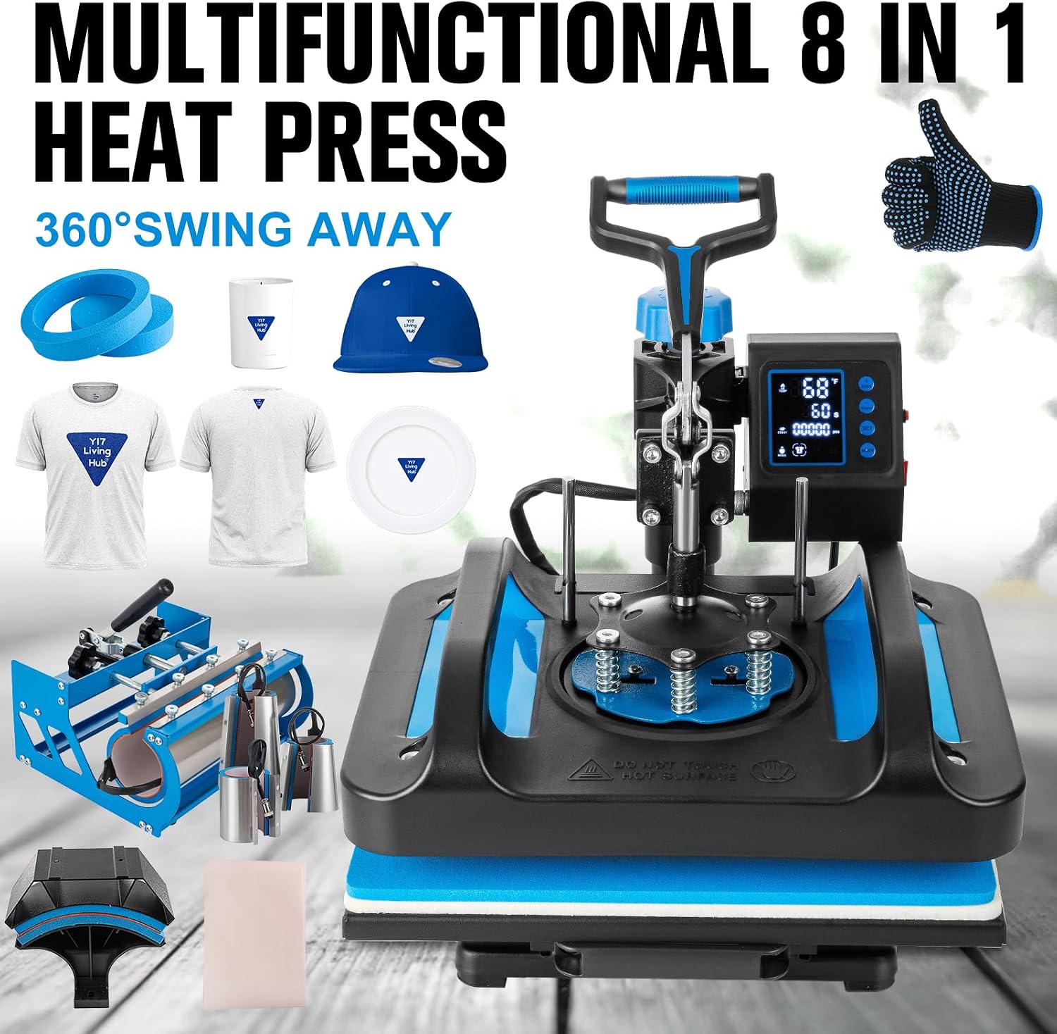 15x15 Heat Press Machine, 8 in 1 Heat Press Machine, Sublimation T Shirt Pressing Machine, 360-Degree Swing Away Heat