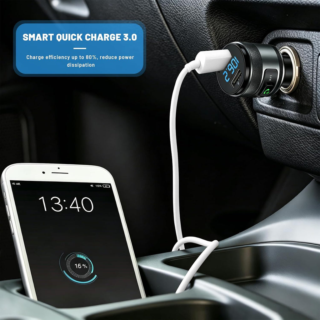 Bluetooth 6.0 FM Transmitter for Car Adapter with MP3 Player | Hands-Free Calls, CVC Noise Reduction, QC 3.0 Charger
