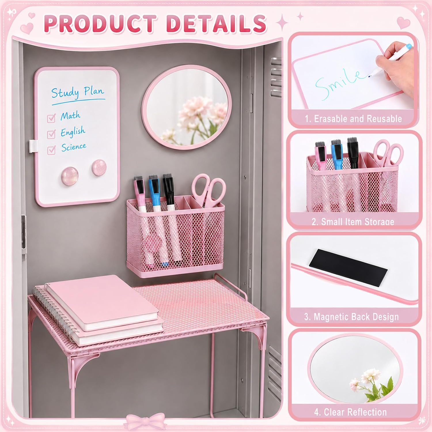 Pink Locker Accessories for Girls 11 Pcs Back to School Locker Decoration Supplies with Shelf Magnetic Mirror
