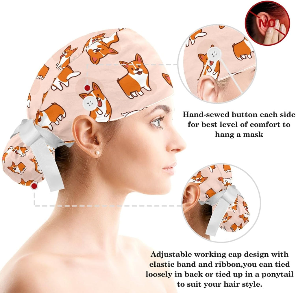 Corgis Dog Animal Women Surgical Cap with Buttons, Long Hair Scrub Hat with Bow Hair Scrunchy Ponytail Holder