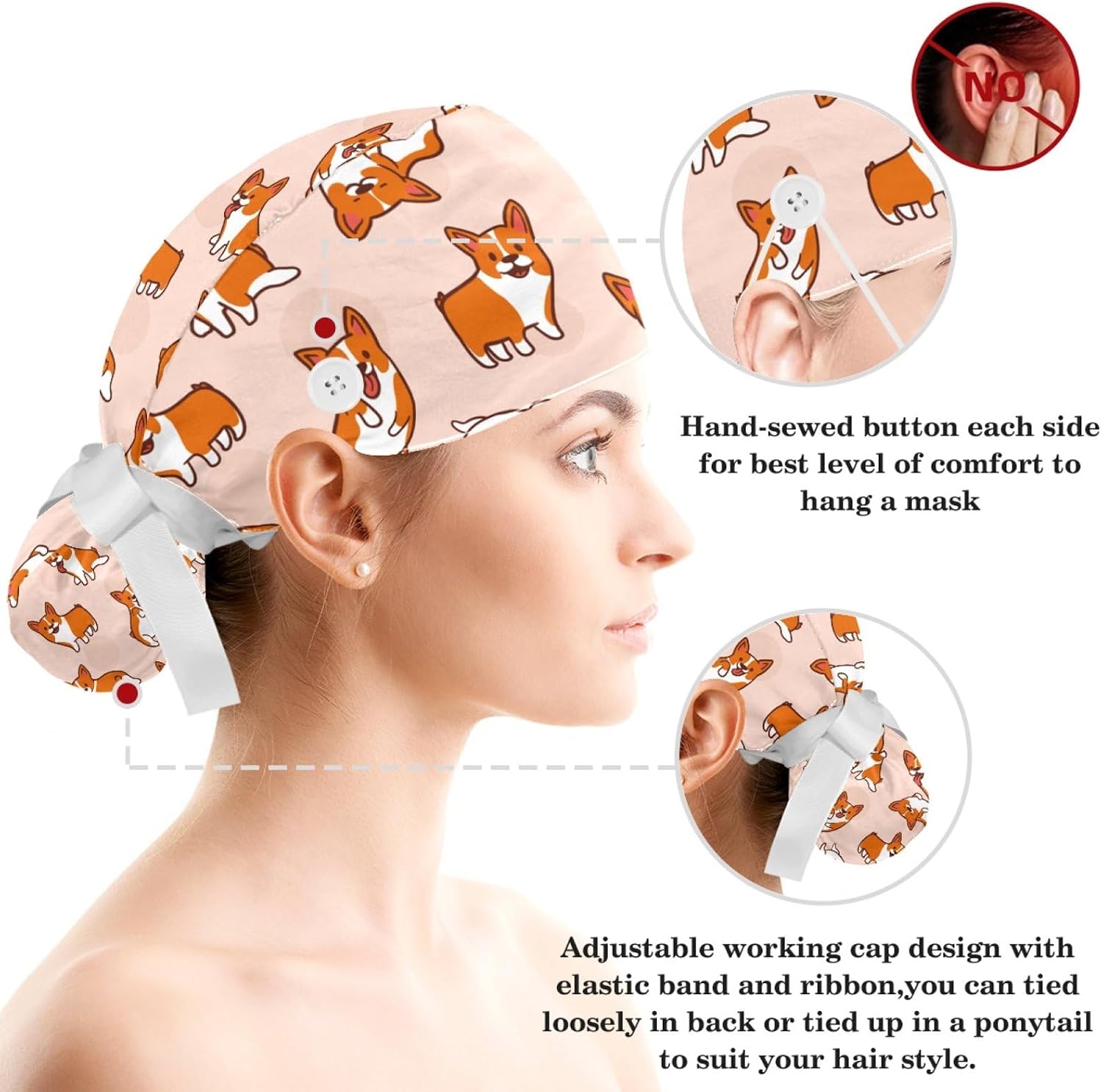 Corgis Dog Animal Women Surgical Cap with Buttons, Long Hair Scrub Hat with Bow Hair Scrunchy Ponytail Holder