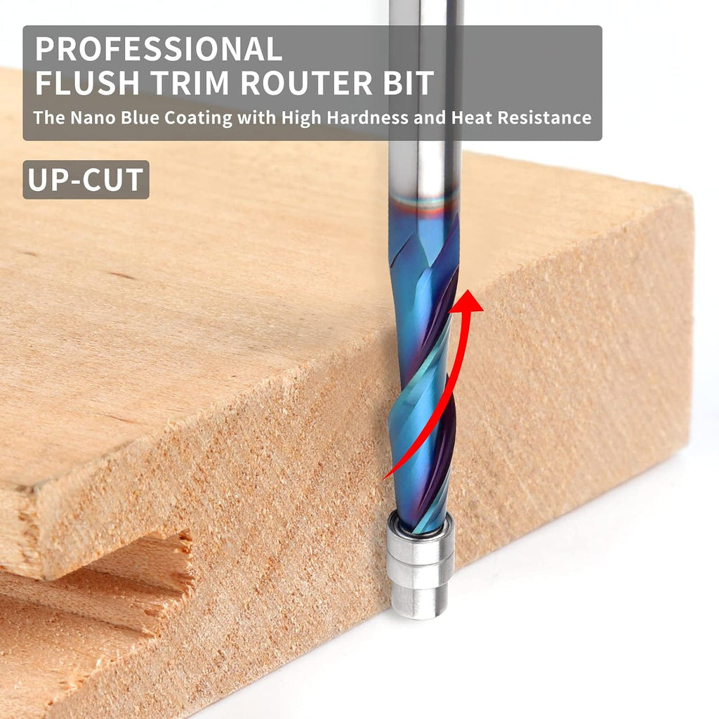 Upcut Spiral Flush Trim Router Bit, 1/4 Inch Shank Solid Carbide Flush Trim Router Bits Spiral with Nano Coated by