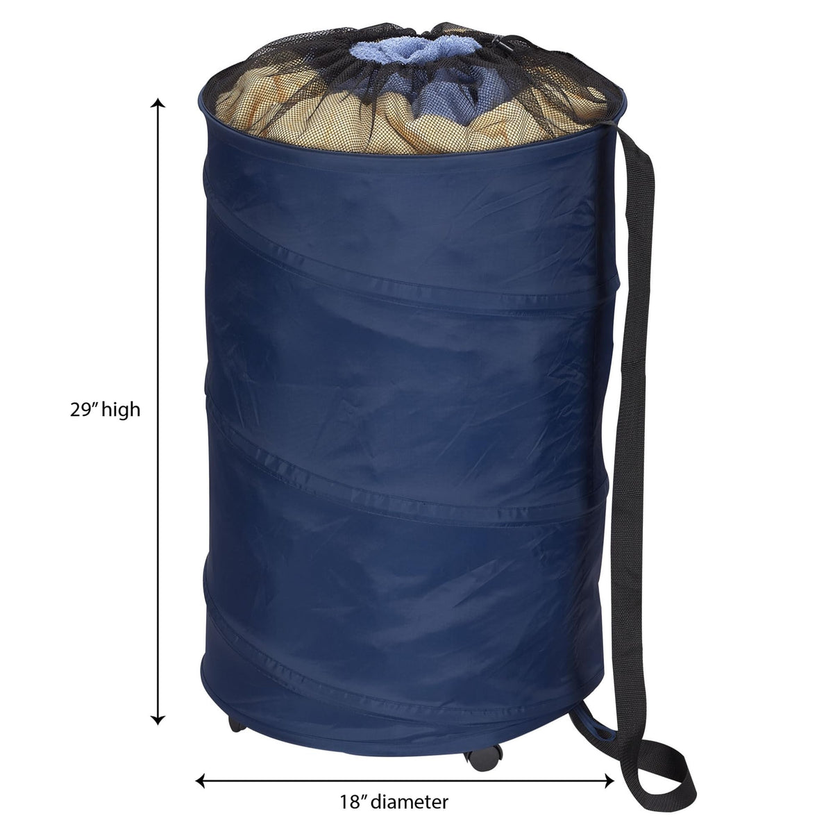 Rolling Pop Up Hamper, Drawstring Closure with Shoulder Strap and Removable Wheels, Blue