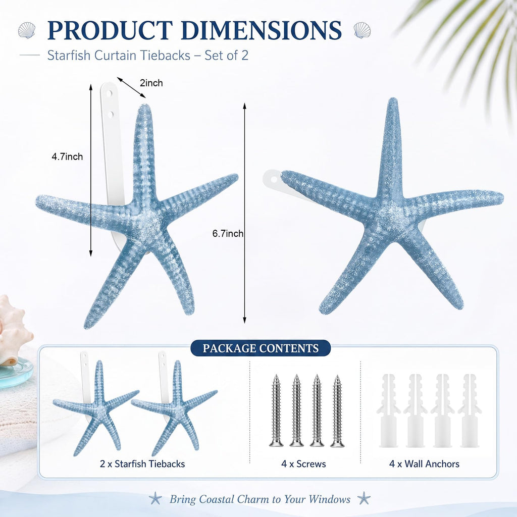 2 Pcs Natural Starfish Curtain Tiebacks Coastal Curtain Holdbacks