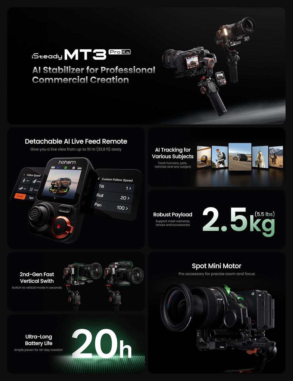 iSteady MT3 Pro 3-Axis Gimbal Stabilizer for Camera, AI Tracker with CCT/RGB Light, for Mirrorless/Pocket/Action