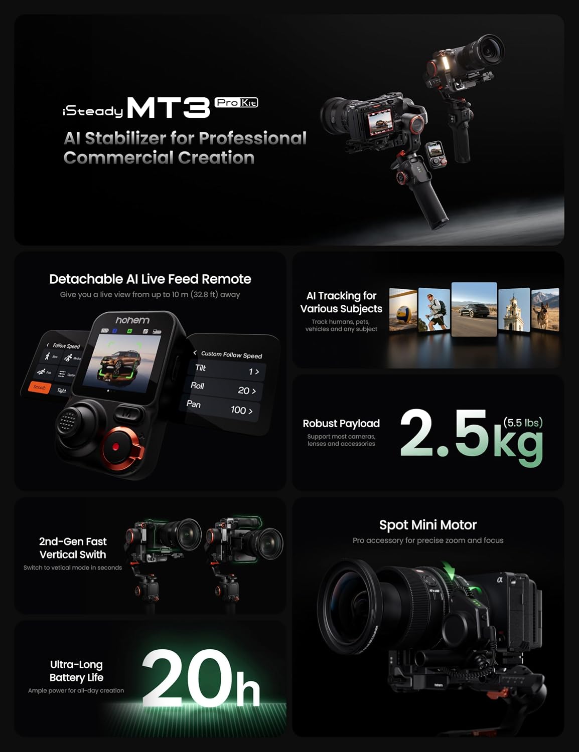 iSteady MT3 Pro 3-Axis Gimbal Stabilizer for Camera, AI Tracker with CCT/RGB Light, for Mirrorless/Pocket/Action