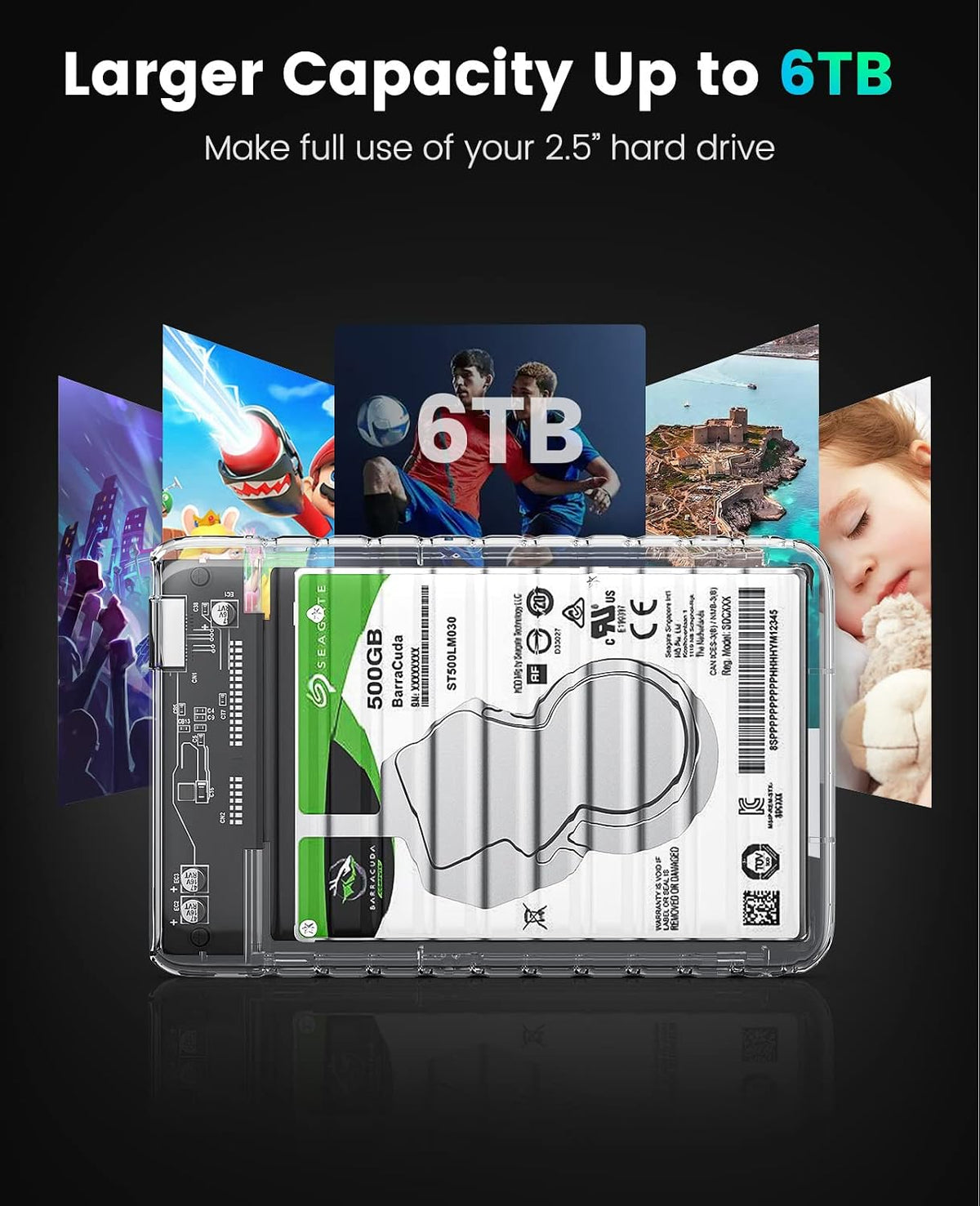 2.5 inch Hard Drive Enclosure USB C to SATA III 5Gbps Clear External Hard Drive Case for All 7mm 9.5mm 2.5 inch SATA