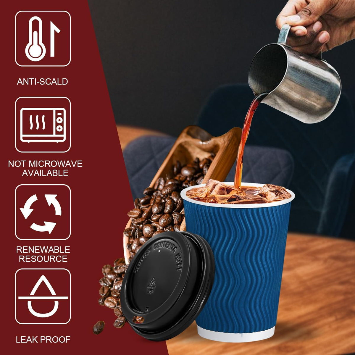 Coffee Cups with Lids 12 oz 50 Pack, Disposable To Go Cups with Lid