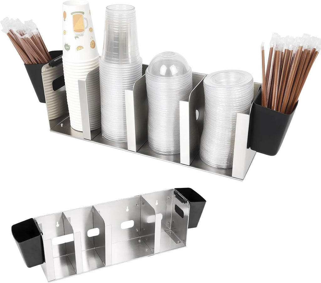 Stainless Steel Cup and Lid Holder, 4-Compartment Cup Dispenser