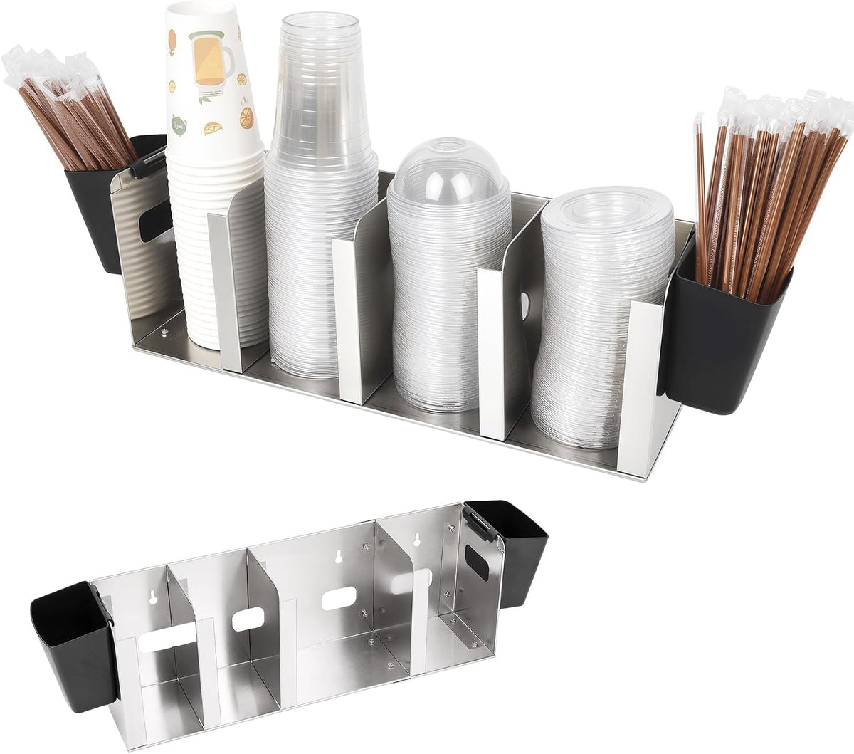 Stainless Steel Cup and Lid Holder, 4-Compartment Cup Dispenser