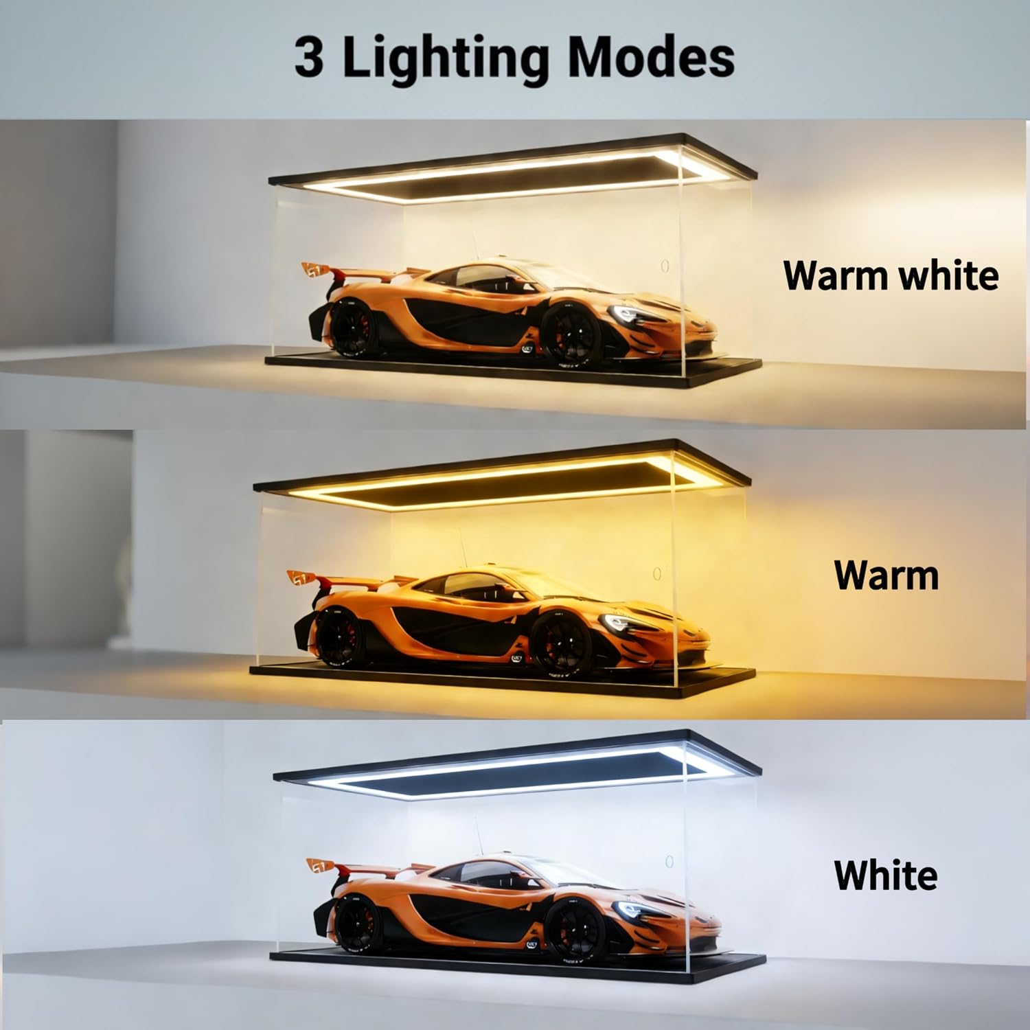 Clear Acrylic Display Case with LED Lights,Dustproof Showcase Display Box for 1/8,1/12, 1/18,Scale Diecast Model