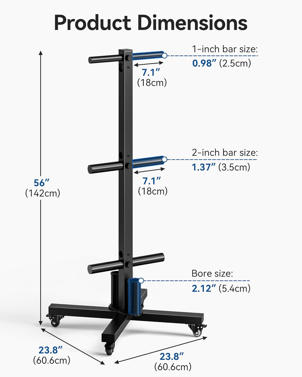 Movable Olympic Weight Plate Tree with 6 Metal Pegs | Fits 1" & 2" Weight Plates, Heavy Duty Storage Rack with