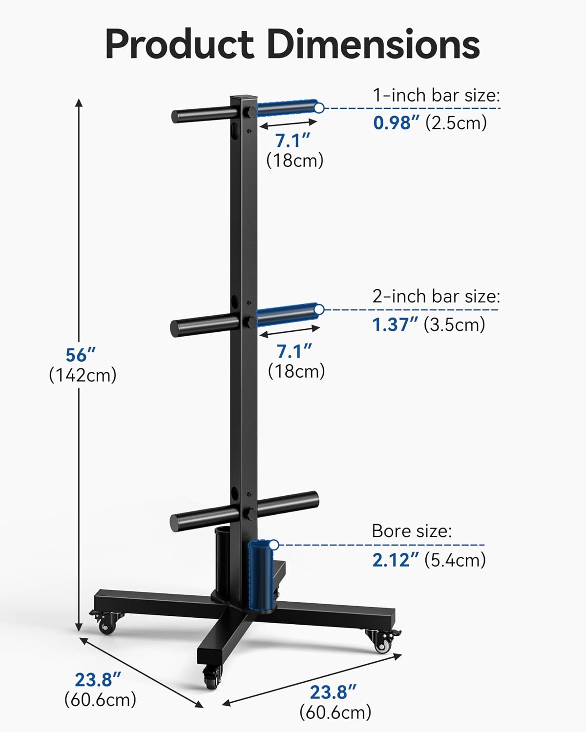 Movable Olympic Weight Plate Tree with 6 Metal Pegs | Fits 1" & 2" Weight Plates, Heavy Duty Storage Rack with
