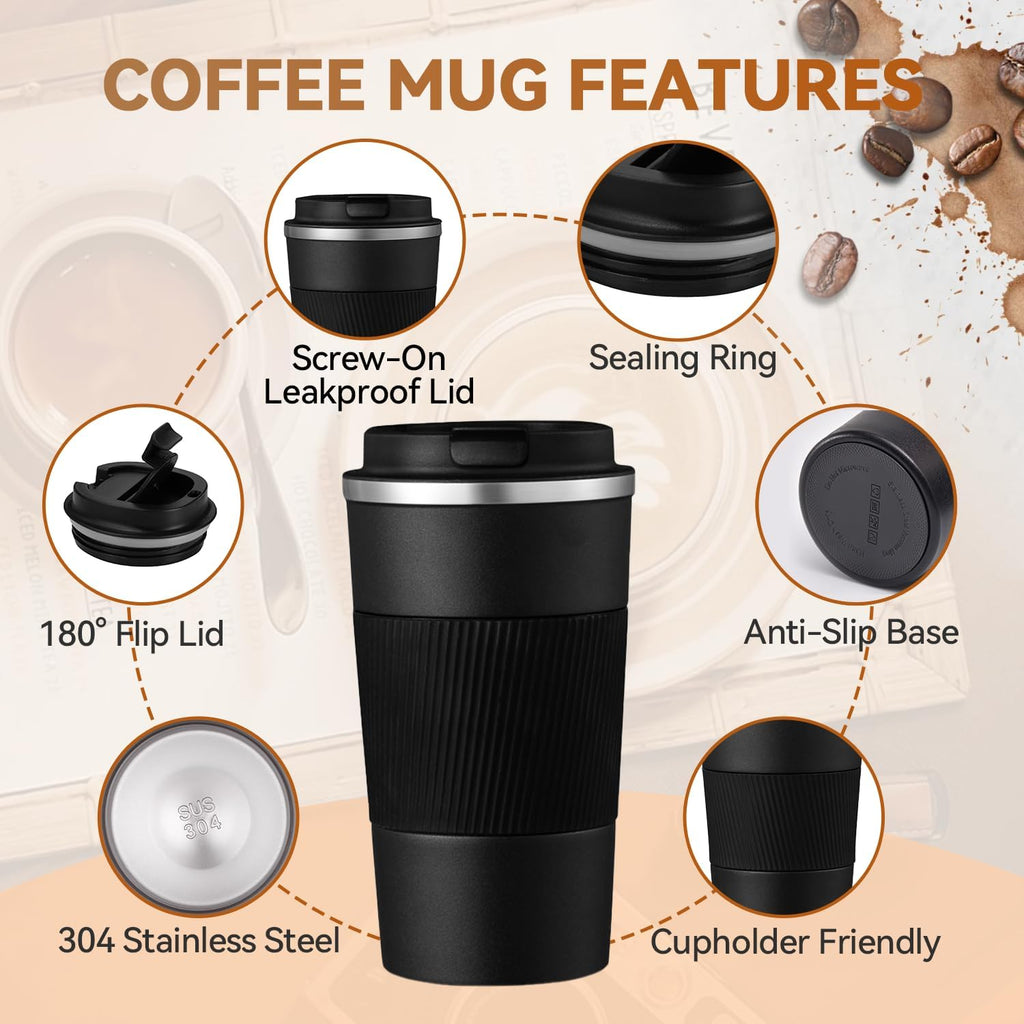 12OZ Travel Coffee Mug Insulated Coffee Cup with Spill Leak Proof Lid, Portable Stainless Steel Tumbler Reusable Hot