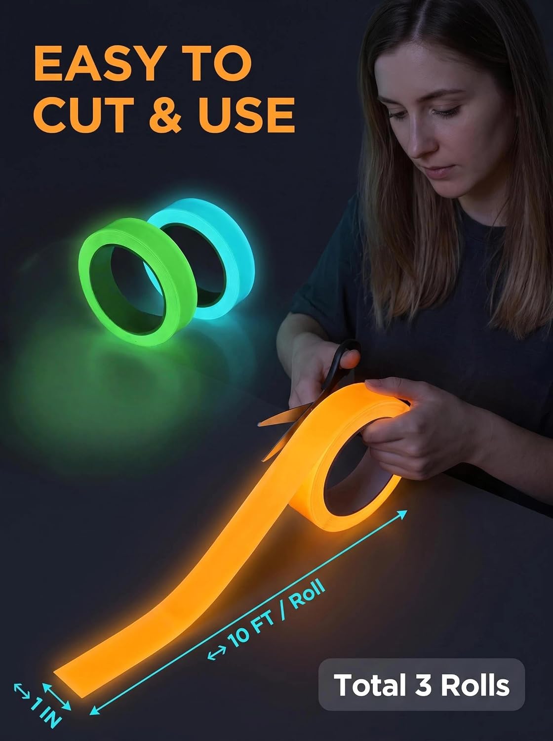 Glow in the Dark Tape, 3-Rolls, 1" x10FT Each, Adhesive, Luminous