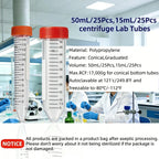 15ml Conical Centrifuge Tubes,25-Pack Sterile Polypropylene Test Tubes with Leak-Proof Screw Caps & Graduated Marks