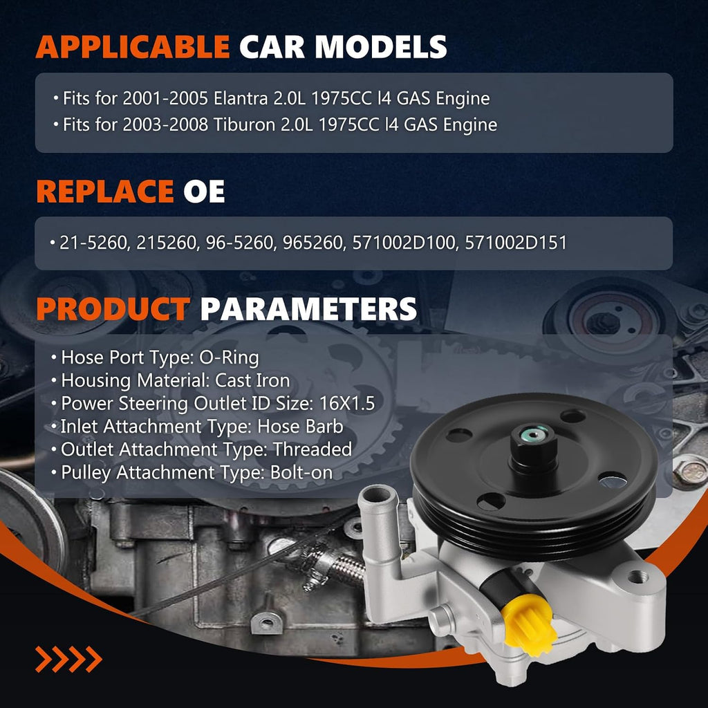 21-5260 Power Steering Pump with Pulley Fits for 2001-2005 Elantra, 2003-2008 Tiburon 2.0L, OE-Quality Power Assist Pump, Replace OE 571002D100 571002D151