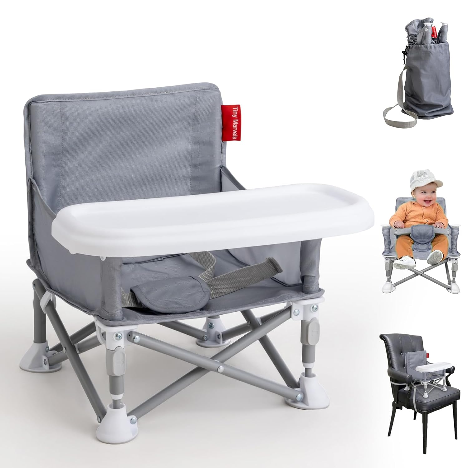 Portable Booster Seat, Foldable Baby High Chair with Removable Tray, Safety Harness & Carry Bag – for Toddlers Ages